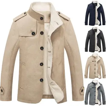 

Men Long Sleeve Woolen Stand Collar Jacket British Business Casual Solid Color Single-breasted Winter Plus Velvet Warm Jacket