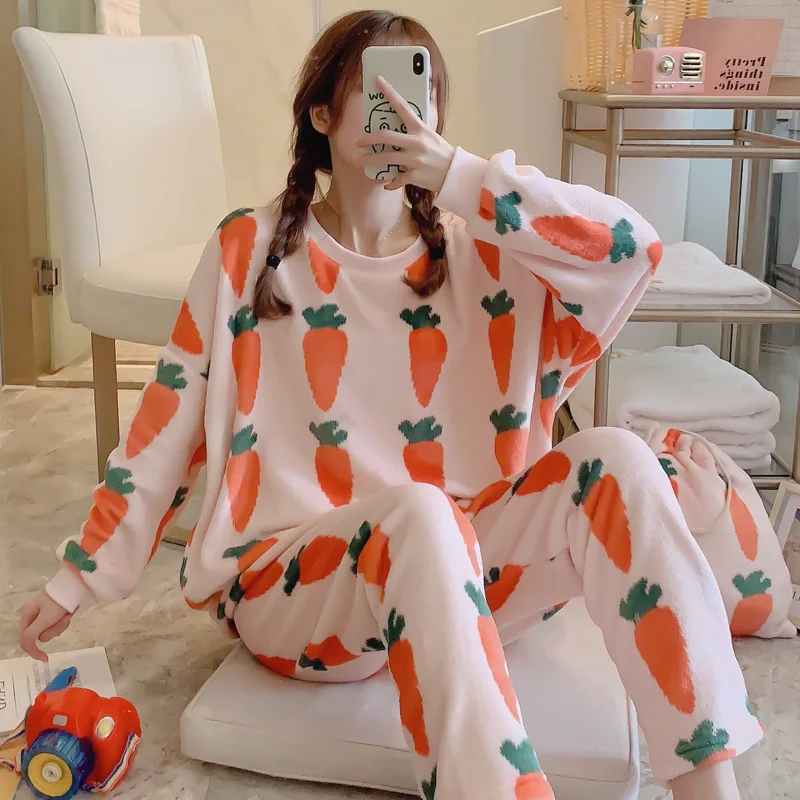 ladies pyjamas autumn/winter ladies flannel suit thickened 260g lovely girl carrot print home wear collection bag - Цвет: Розовый
