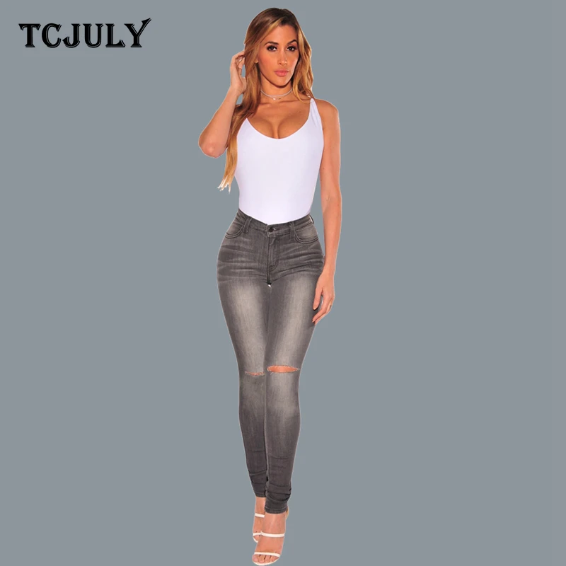 TCJULY Cotton Bleached Washed Ripped Jeans For Women Skinny Push Up Denim Pencil Pants With Holes Casual Slim Stretch Gray Jeans