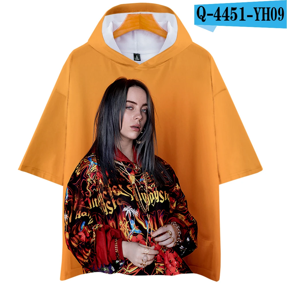 Billie Eilish футболка с капюшоном Женская/мужская летняя/Весенняя новая футболка Свободная крутая дышащая футболка с коротким рукавом с капюшоном модная футболка в стиле панк - Цвет: 3D