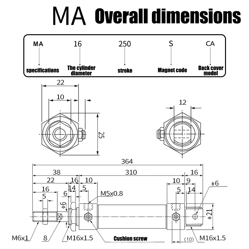 Нержавеющая сталь мини цилиндр MA16* 25x50-75 круглый 100 с магнитной 125 Малый 150 толкатель - Цвет: 250mm Stroke