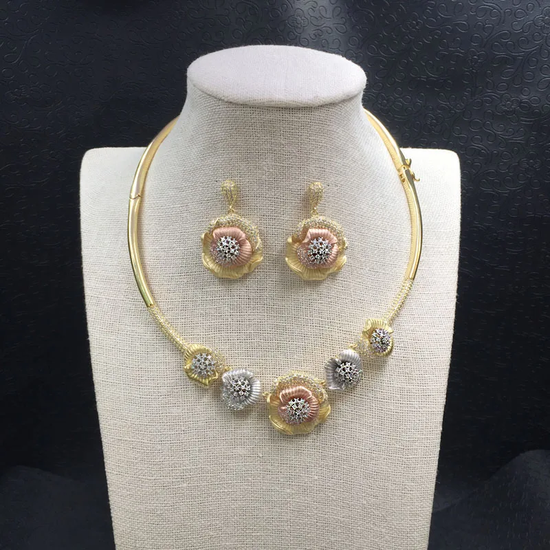 Lanyika ювелирное элегантное роскошное цветущее зимнее милое ожерелье с сережками банкет популярный лучший подарок - Окраска металла: Gold Sandblasting