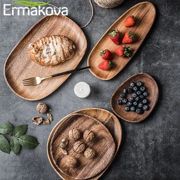 

ERMAKOVA Irregular Oval Solid Wood Pan Plate Fruit Dishes Saucer Tea Tray Dessert Dinner Plate Tableware Set