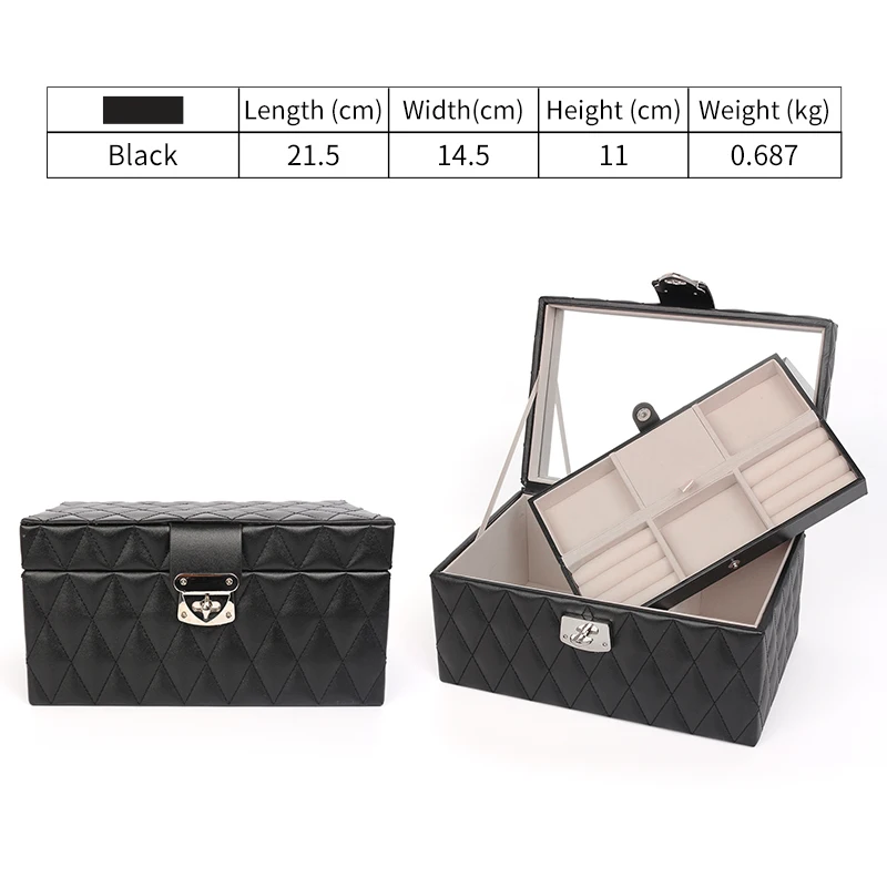 

Exquisite Black Plaid Pu Leather Jewelry Storage Box With Lock For Femal Ring Earring Pendent Bracelet Showcase Built In Mirror