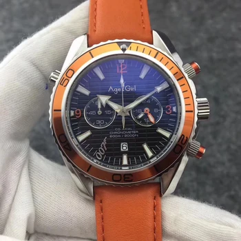 

Classic New Men Chronograph Japan Quartz 300m Watch Sport Date Chronometer 007 Sapphire Black Blue Orange Leather Watches
