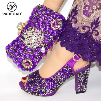 

Purple High Quality Woman Luxury Crystal Shoes And Purse Set For Party Italian Rhinestone High Heels Wedding Shoes And Bag Set