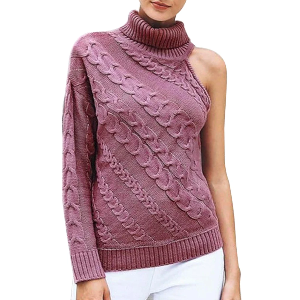 PINK Модная женская одежда с длинным рукавом, вязаный свитер на одно плечо, однотонный пуловер с высоким воротом, верхняя одежда, цельный - Цвет: PINK