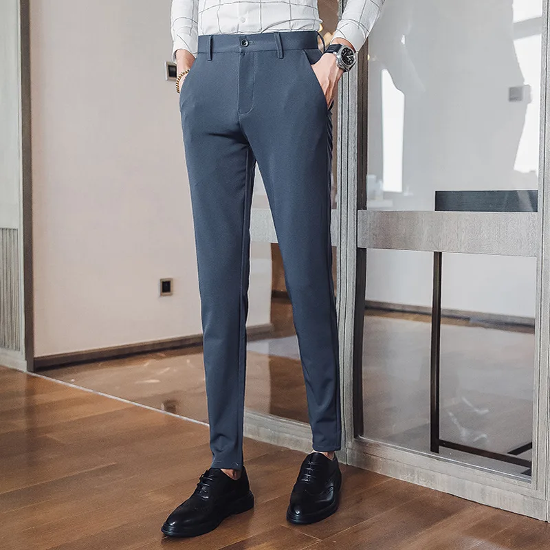 Модные мужские брюки Slim Fit высокого качества однотонный, стрейч повседневные брюки мужские деловые классические Формальные Прямые офисные брюки - Цвет: Серый