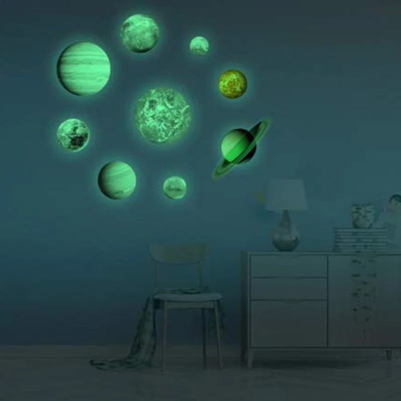 9Pcs/Set 9 Planet Solar System Fluorescent Wall Stickers Universe Planet Galaxy Children Room Bedroom
