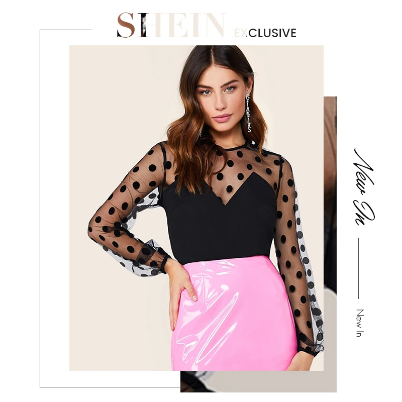 SHEIN черный Добби сетки плеча Бюстье Блузка Топ из органди для женщин Весна Осень Бишоп рукав Твердые Замочная скважина сзади сексуальные блузки