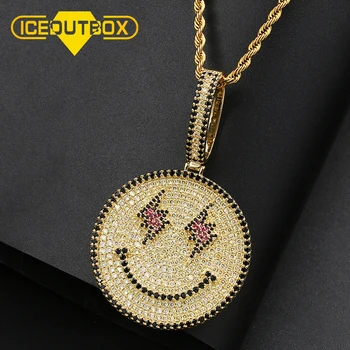 

ICEOUTBOX New Smiling Face Pendant Necklace Gold Silver Bling Cubic Zircon For Men's Hip hop Jewelry With Tennis Chain Gifts