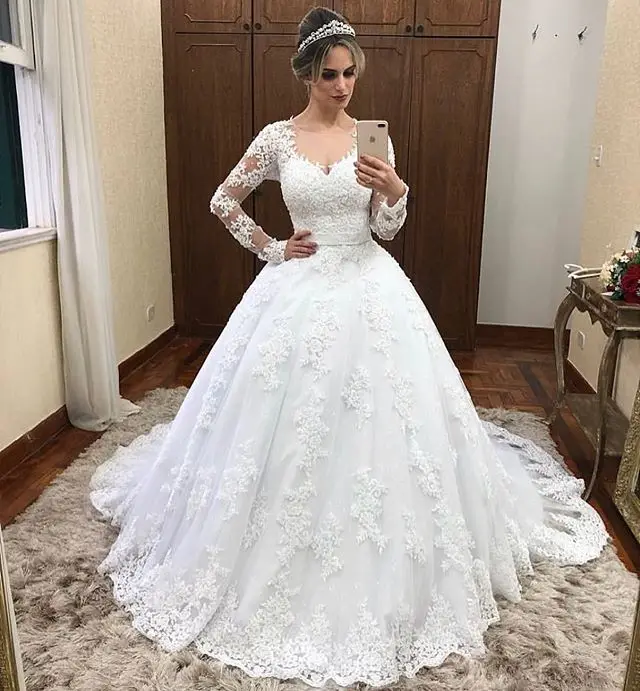 

Vestido De Novia 2020 Elegant Lace Applique Wedding Gowns Sweep Train Long Sleeve Crew Neckline Vestido Longo Vestidos Novia