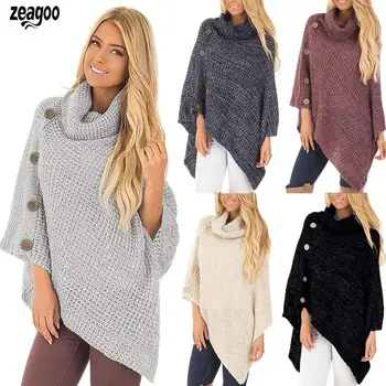 

New Fashion Women Casual Turtle-collar Long Sleeve Asymmetrical Hem Pullover, Design Button Sweater Solid