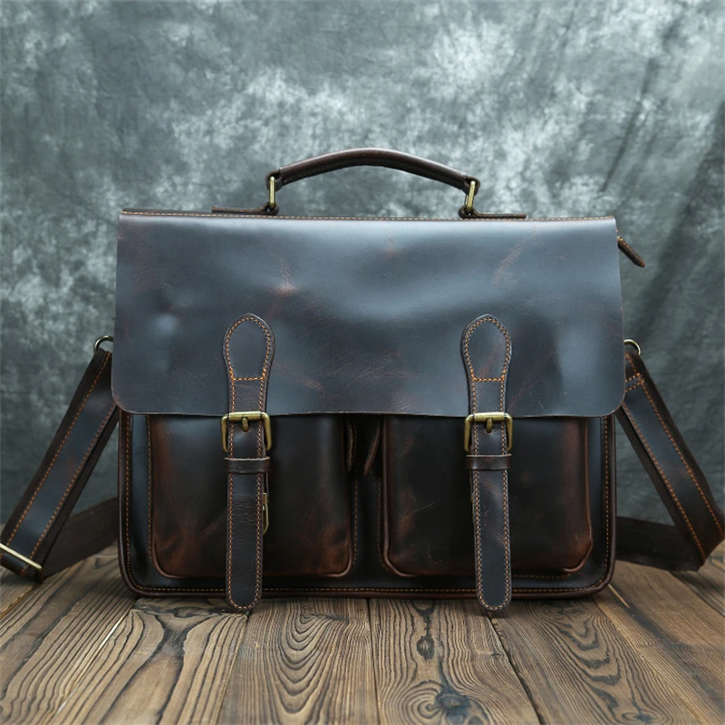 

Nesitu Highend Vintage A4 Thick Brown Genuine Leather Office 14'' Laptop Men Briefcase Crazy Horse Leather Messenger Bag M012