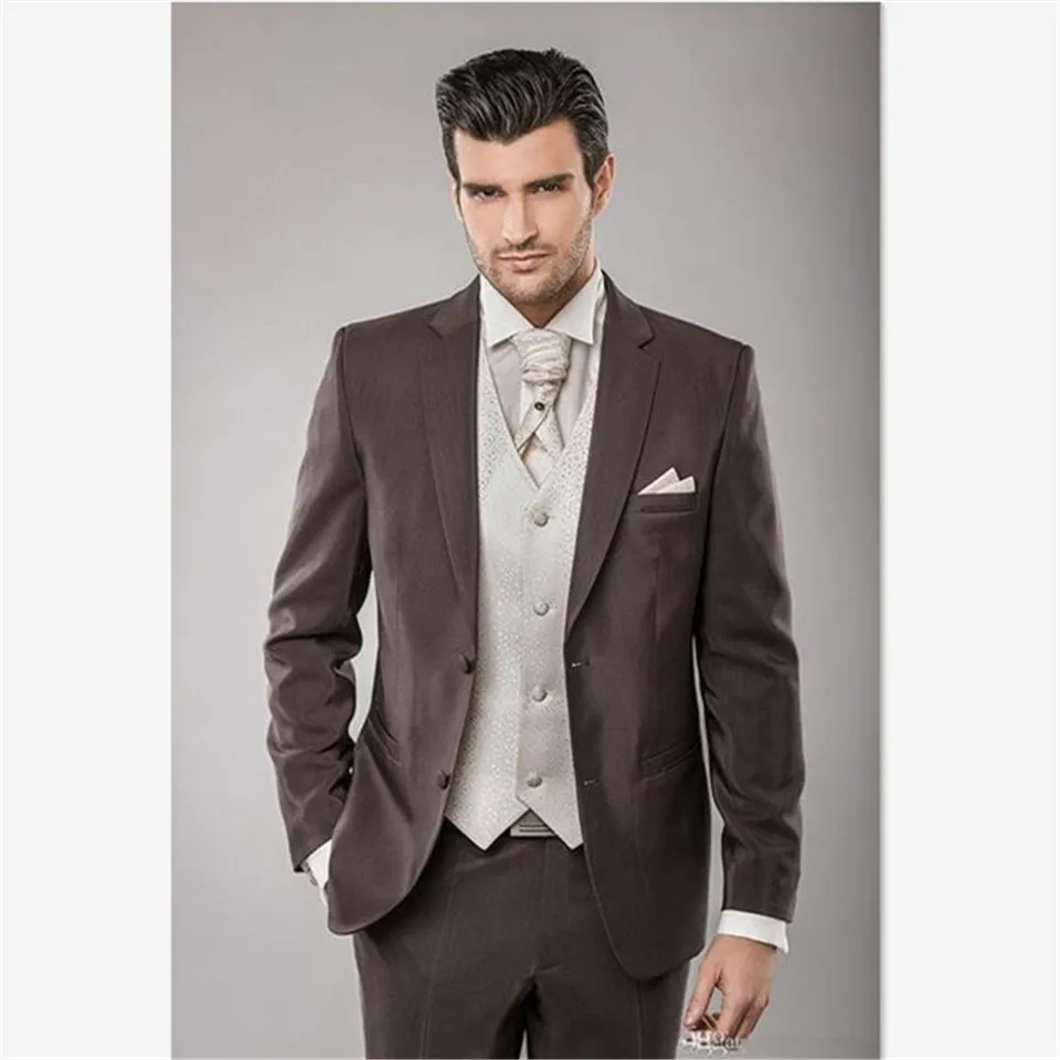 Slim Fit Жених мужской костюм смокинг коричневый Лучший человек тупым отворотом шафер жених мужские костюмы 3 шт.(куртка+ брюки+ жилет