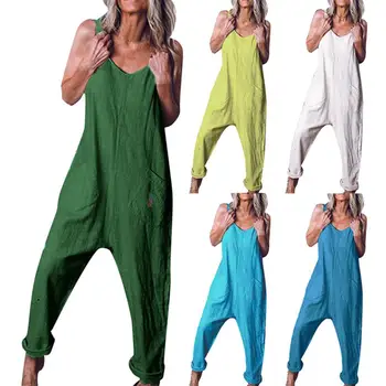 

Summer Women Solid Color V Neck Sleeveless Jumpsuit Loose Romper with Pockets V Neck Sleeveless Jumpsuit Loose Romper