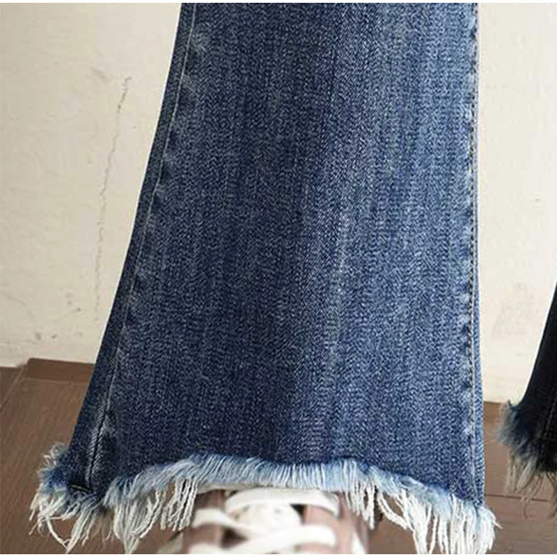 Синие расклешенные джинсы для мам с бахромой размера плюс, 7Xl, 200 фунтов, женская уличная одежда, Широкие Эластичные Обтягивающие джинсовые штаны