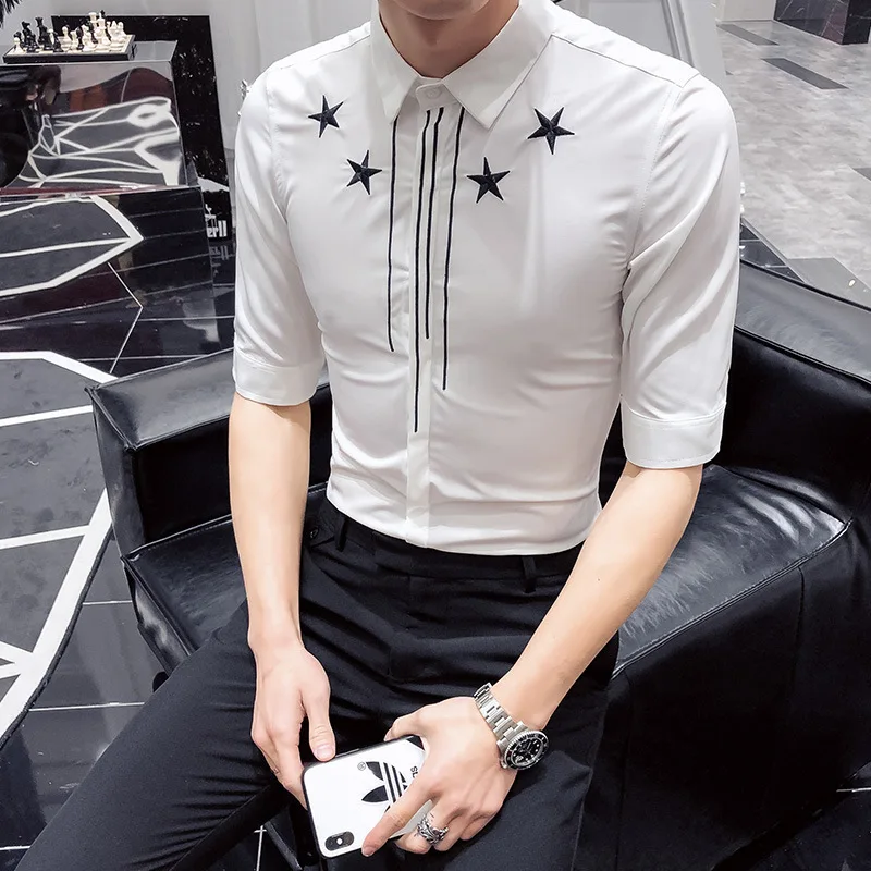 white Мужские рубашки с вышивкой Camisa Masculina, повседневная приталенная Мужская рубашка в деловом стиле, мужские вечерние рубашки, Клубная уличная одежда - Цвет: white