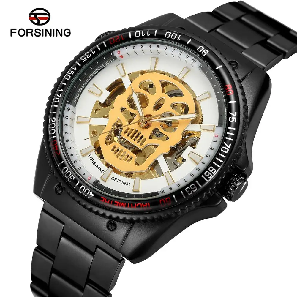 

Forsining Steampunk Fashion Skull Design White Golden Display Luminous Skeleton Men's Mechanical Wrist Watches Top Brand Luxury