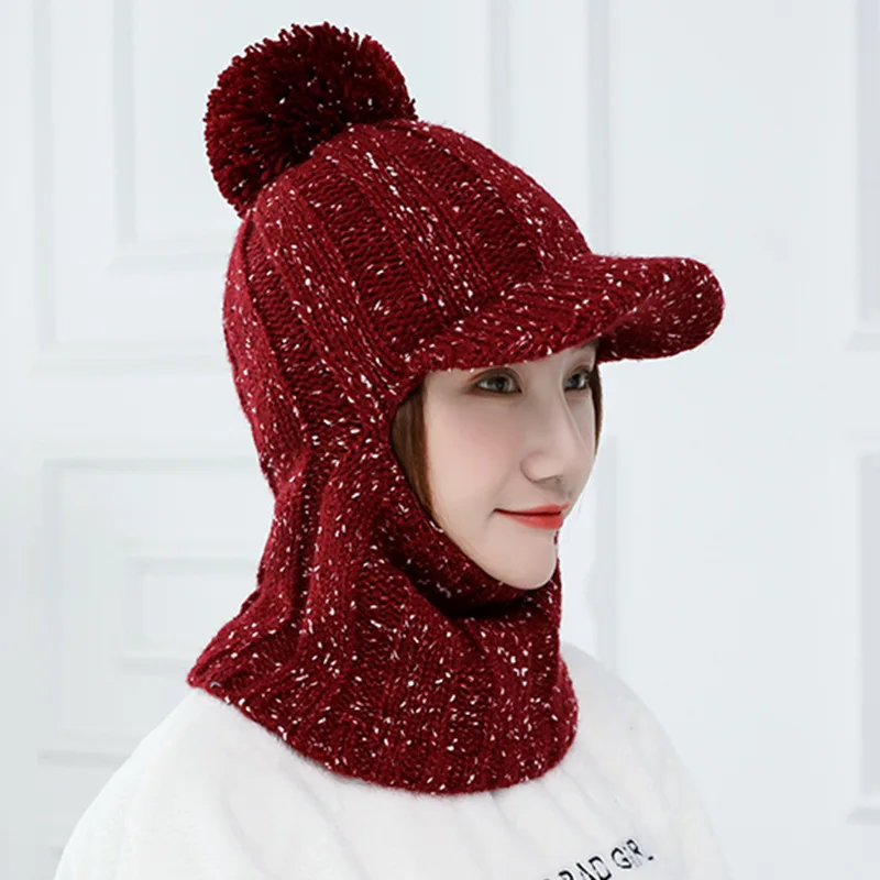 

Hat Female Winter Wool Plus Velvet Warm Knit Hat Female Biker Windproof Ear Protection Cap Hood Winter Female Hat with Brim