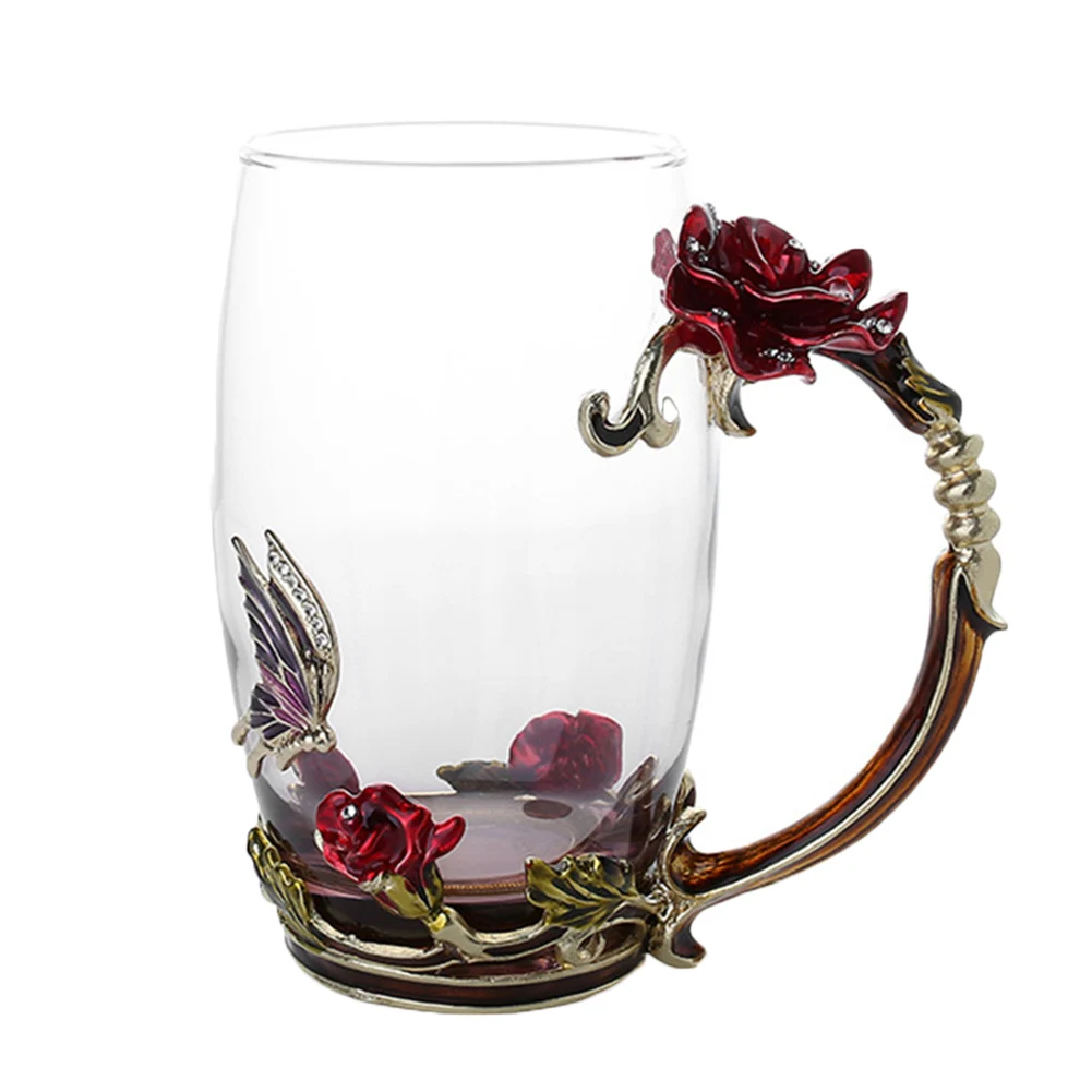 Red Long Without spo Newly Enamel Coffee Tea Cup Mug 3D Rose Butterfly Glass Cups Wedding Gift MK - Цвет: Red Long Without spo