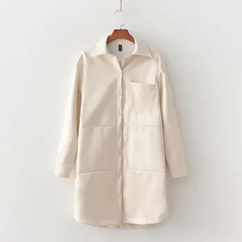 

Womens Leather Shirt 2020 New ladies Beige Faux Leather Single-Breasted Lapel Pocket Long Top Simple and Elegant Blusas Mujer