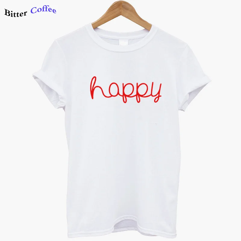 Летняя новая женская хлопковая Футболка Повседневная футболка с принтом happy женская футболка с коротким рукавом для девочек футболки XS-3XL