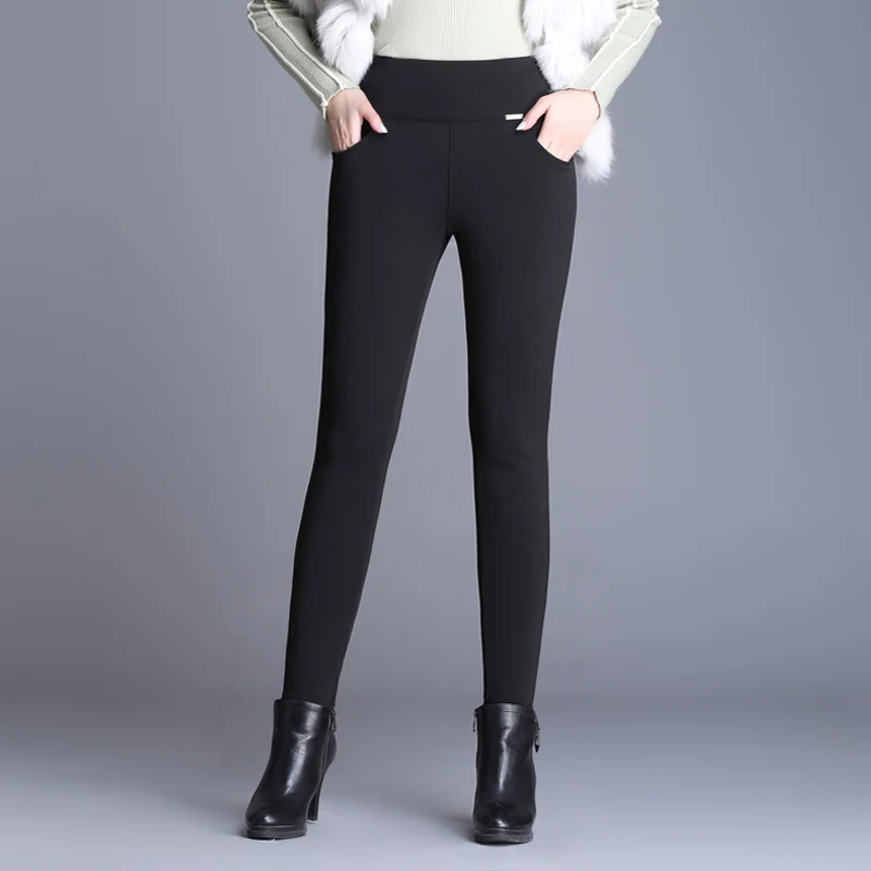 black OUMENGKA Plus Size Winter Thick Warm Cashmere High Waist Black Pants Women High Elastic Skinny Pants Stretchy Women Trousers 6XL - Цвет: black