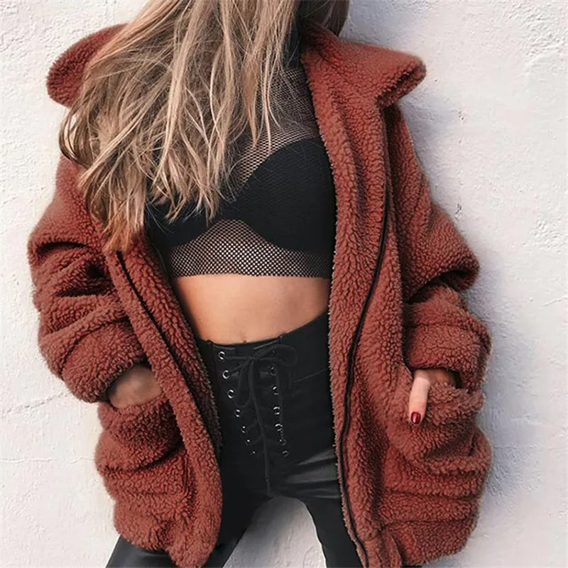 

Elegant Faux Fur Coat Women 2019 Winter Warm Soft Zipper Fur Jacket Female Plush Overcoat Pocket Casual Teddy Outwear