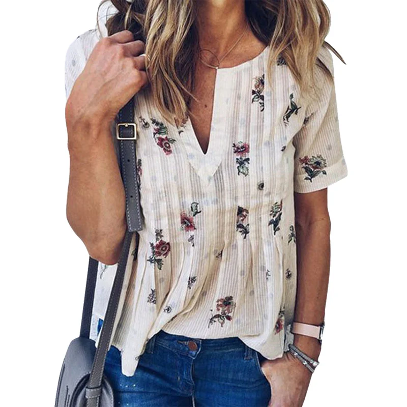 Pop Fashion Women V-neck Summer Short Sleeve T-shirt Loose Casual Floral Print T-shirt Tee Tops Pop 88