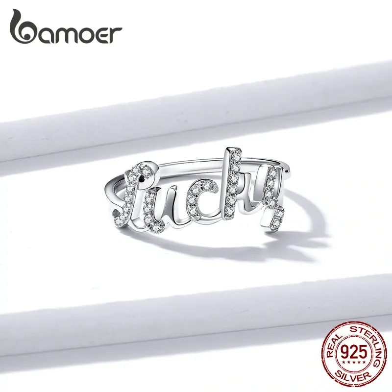 Bamoer, серебро 925, ювелирное изделие, кольцо на палец с надписью Lucky, для женщин, чистое серебро CZ, хорошее ювелирное изделие, новинка, подарки для девушек BSR092