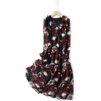 

Dress Elegant Real Silk Bohemian A-Line Print Ruffles Mid-Calf V-Neck Dresses Woman Party Night 2020 Long Sleeve Clothing