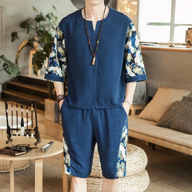 

New Style Men's Chinese-style Set Flax Thin Crane Printed Two-Piece Set Short Sleeve T-shirt Collocation Shorts Two-Piece Set