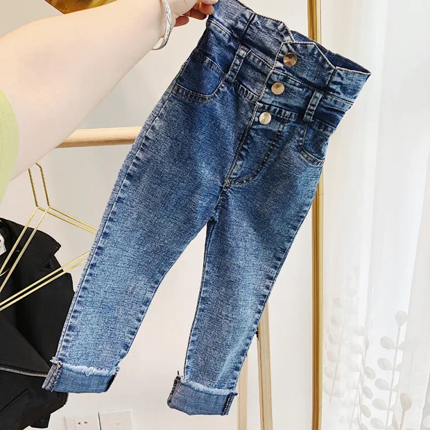 Весенне-летние джинсы для девочек брюки для малышей детские джинсовые штаны детские штаны, уличная одежда, грязная стирка, высокая талия, на кнопках, для детей от 3 до 9 лет - Цвет: blue