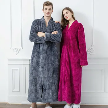 

MUYOGRT New Zipper Velvet Bathrobe Autumn&winter Plus Increase Nightgown Men Women Thickening Pajamas Flannel Homewear