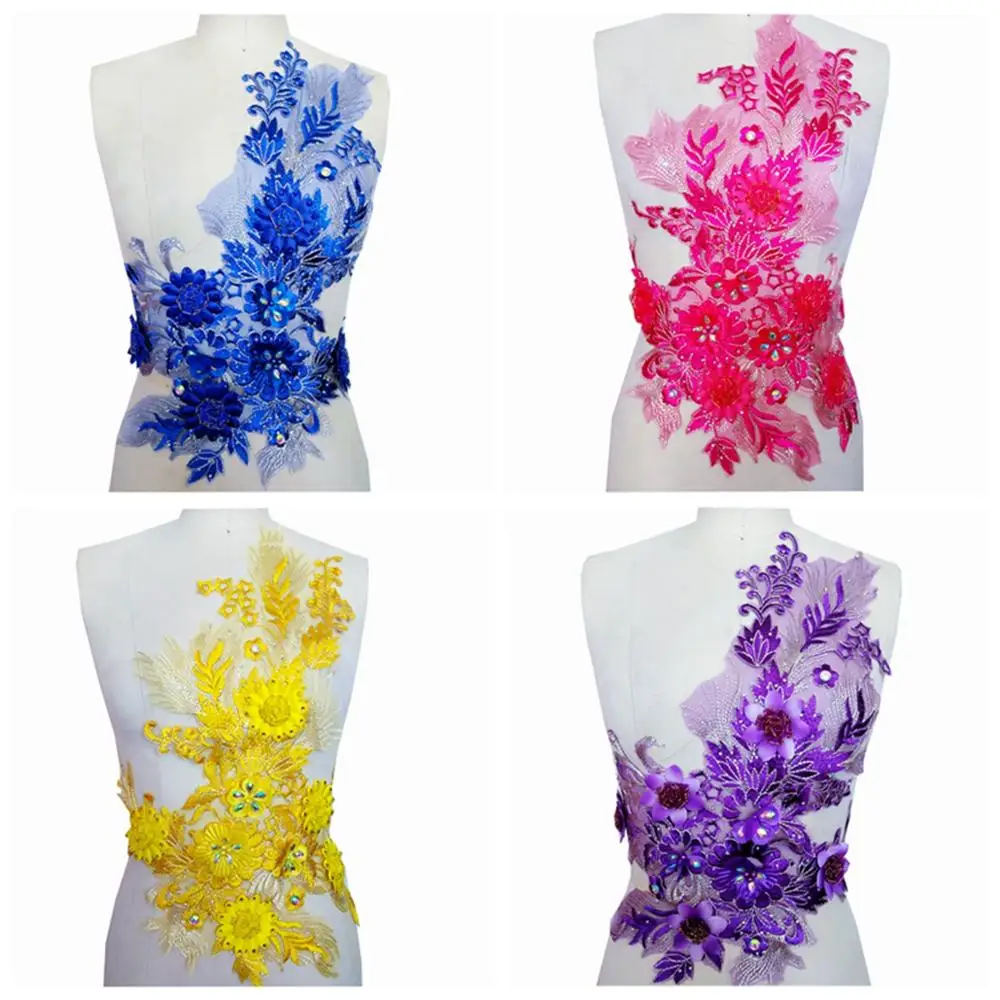 

8 colour 3D Three-dimensional embroidery lace flower patch rhinestones applique for dress