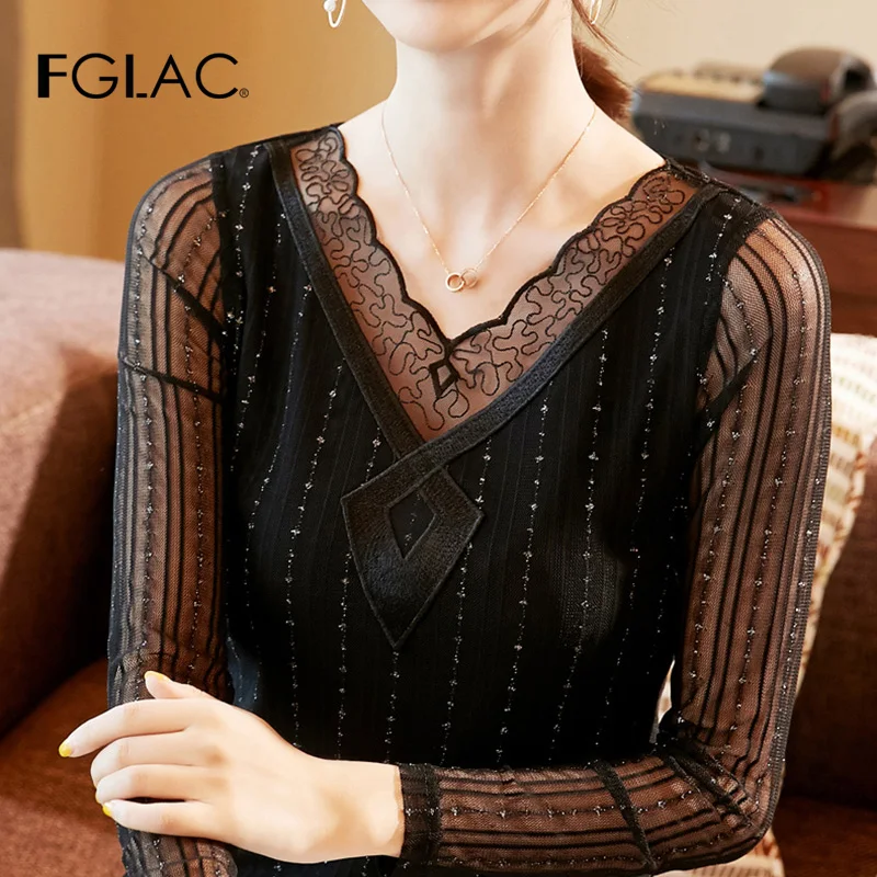 

FGLAC Women t-shirt fashion casual long sleeve v-neck mesh tops Elegant slim hollow out autumn women tops and shirt