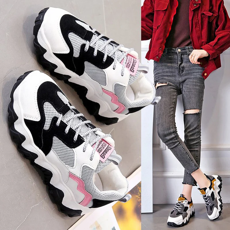 

E TOY WORD Daddy shoes women ins tide 2020 spring new Mixed color thick bottom sneakers women height increasing casual shoes