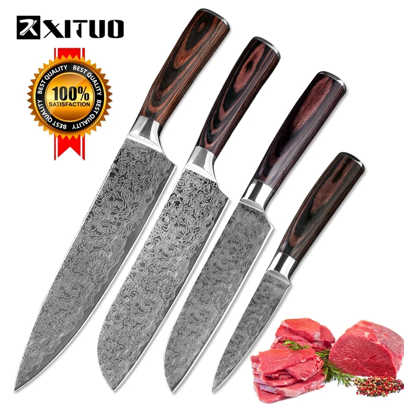 

XITUO 4pcs Set Kitchen Knife Imitative Damascus Professional Chef Knives Cleaver Paring Dining & Bar Multi Tool Home Utility
