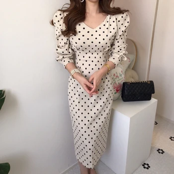 

siddons French style Spring autumn Women Casual Polka Dot Print A-Line Party Corduroy Dresses Eleagnt lace-up Slim Dress Fashion