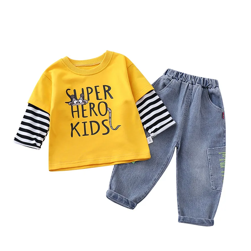

New Spring Cartoon Children Clothes Autumn Kids Boys Girls Fashion Letter T Shirt Jeans Pants 2pcs Infant Baby Casual Sportswear
