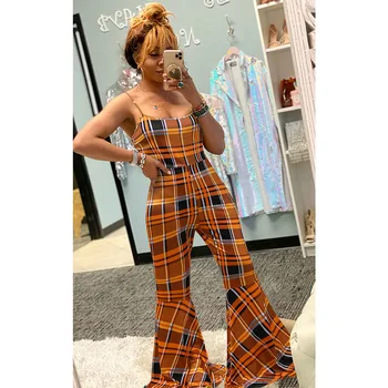 

hirigin New Women Sling Plaid Jumpsuit Summer Vintage Sleeveless Strap Flared Trousers Romper Fashion Plaid Jumpsuit S-3XL