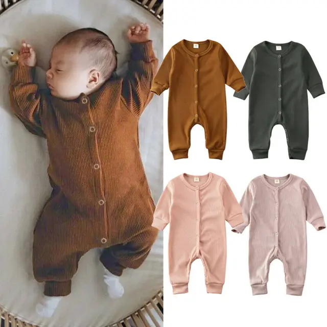 US $6.20 Newborn Baby Girl Boy Clothes Solid Ribbed Romper Jumpsuit Brief Long Sleeve O-Neck Baby Romper Uni