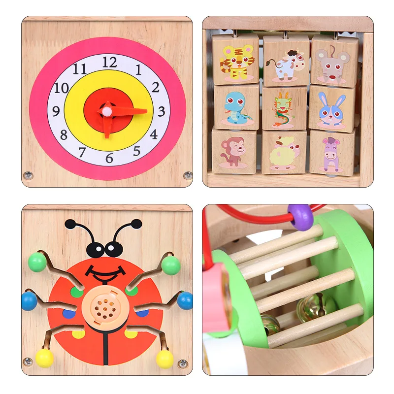 

Children Wooden Four Sides Music Box Large Bead-stringing Toy Beaded Bracelet Treasure Chest Multi-functional Baby Educational E