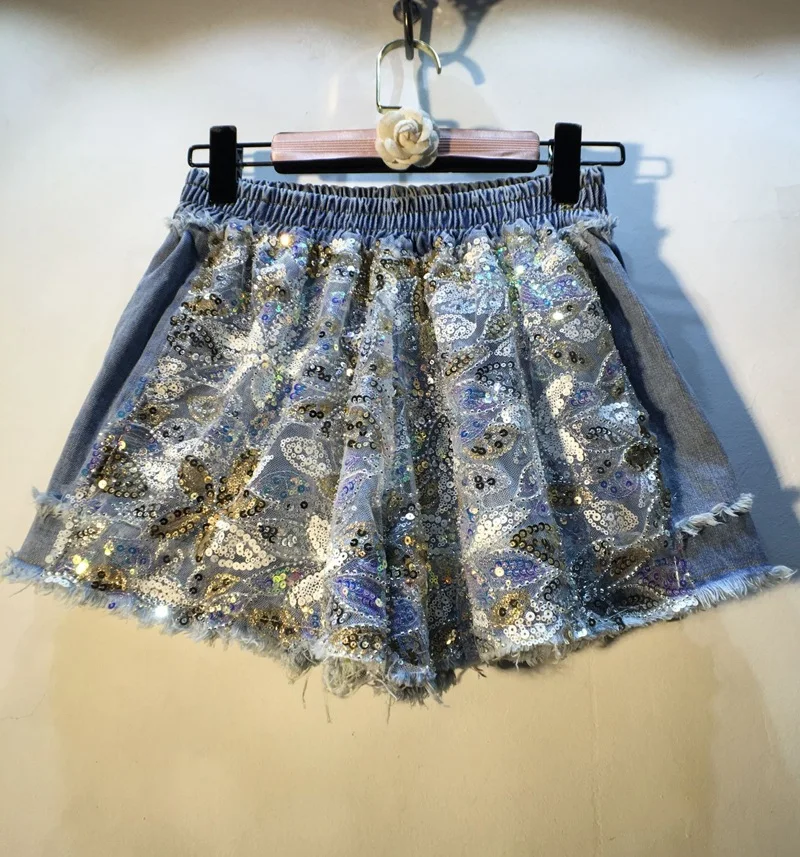

Elastic Waist Jean Shorts Women 2020 Summer New Beaded Sequin High Waist Wide Leg Denim Shorts Female Hot Pants Short Femme