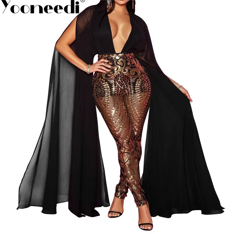Yooneedi Autumn Design Sexy Women Jumpsuits 3 Color Solid Sequins V-neck Cloak Sleeve Ladies Rompers FLS-9509 - Цвет: Черный