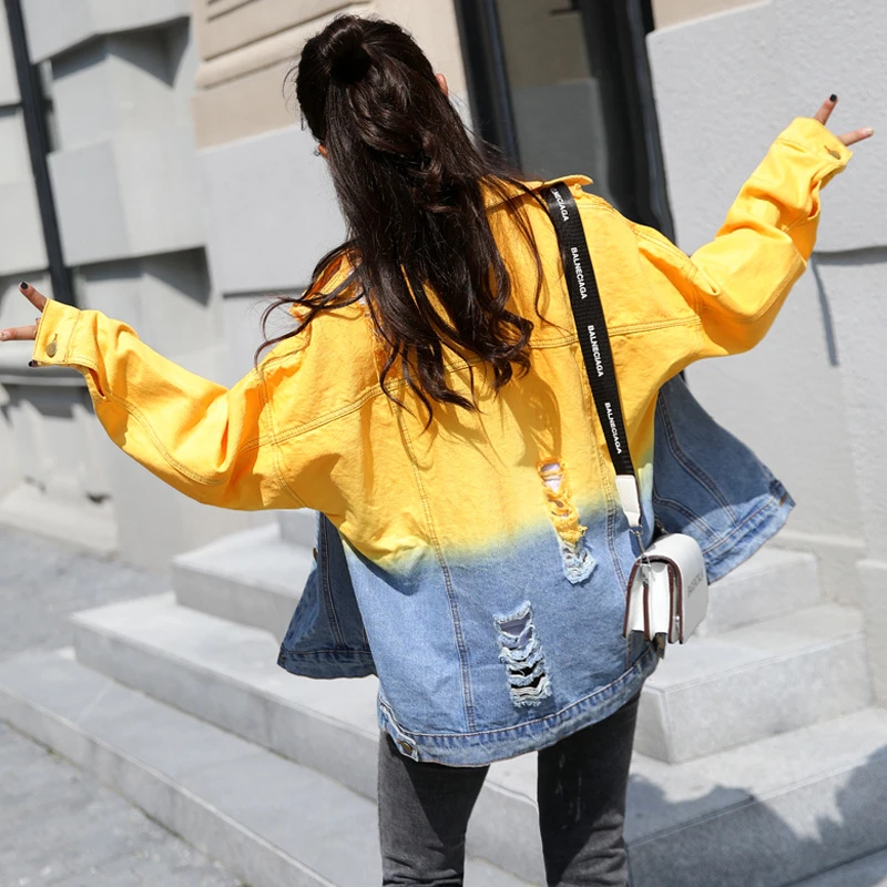 

Jrnnorv 2019 Fashion New Spring Autumn Jeans Jacket Lapel Long Sleeve Yellow Hit Color Loose Large Size Denim Jacket Women Coat
