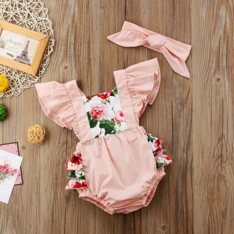 

Summer Newborn Baby Girls Clothes Floral Print Round Neck Sleeveless Ruffles Bodysuit Headband 2pcs Kids Toddler Girls Outfits