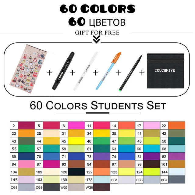 60 color student TouchFIVE опционально цвет соответствия искусство маркеры Кисть ручка эскиз на спиртовой основе маркеры двойная головка манга ручки для рисования товары для рукоделия - Цвет: 60 color student