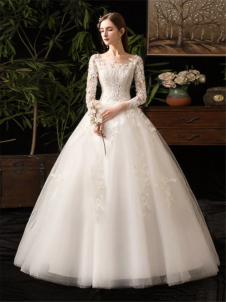 It's YiiYa Wedding Dress Long Sleeve White Wedding Dress Lace Bridal Ball Gowns Elegant O-neck Floor Length Vestido De Novia D35